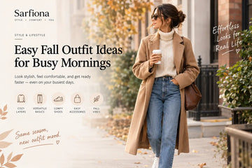 Woman wearing a camel coat, cream knit sweater, and blue jeans for an effortless fall outfit.