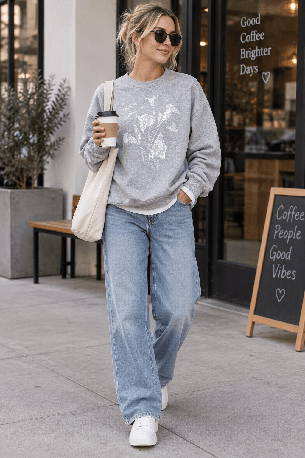 Woman wearing a gray floral crew neck sweatshirt with jeans