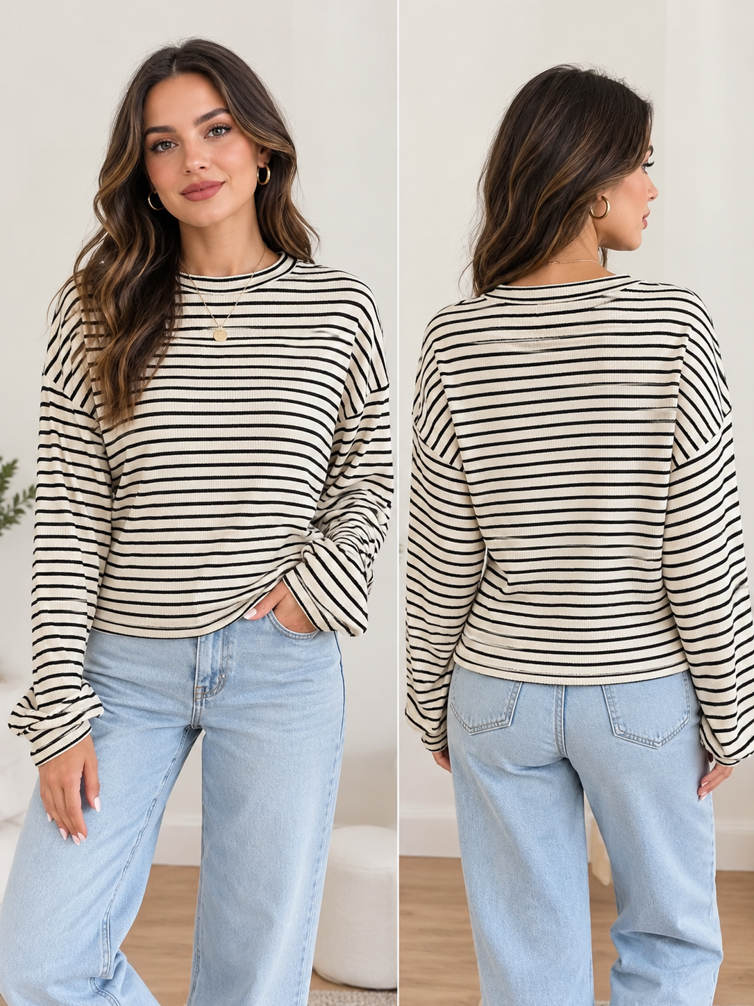 Striped Batwing Sleeve T-Shirt – Women’s Casual Crew Neck Top