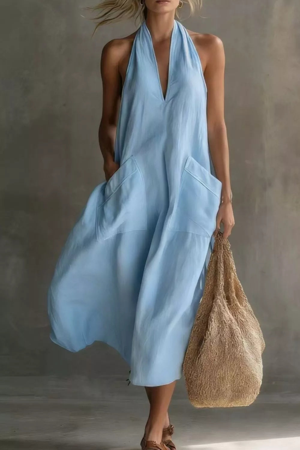 Women’s casual halter neck pocket midi dress for everyday style