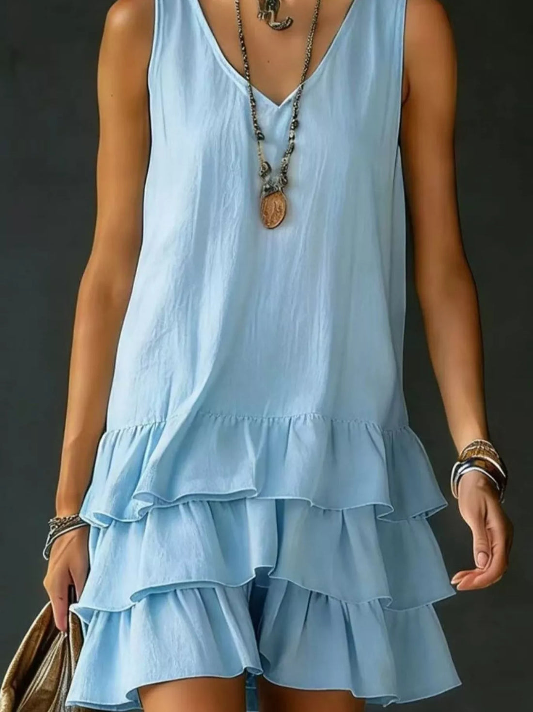 Plus size ruffled hem V-neck sleeveless dress for women