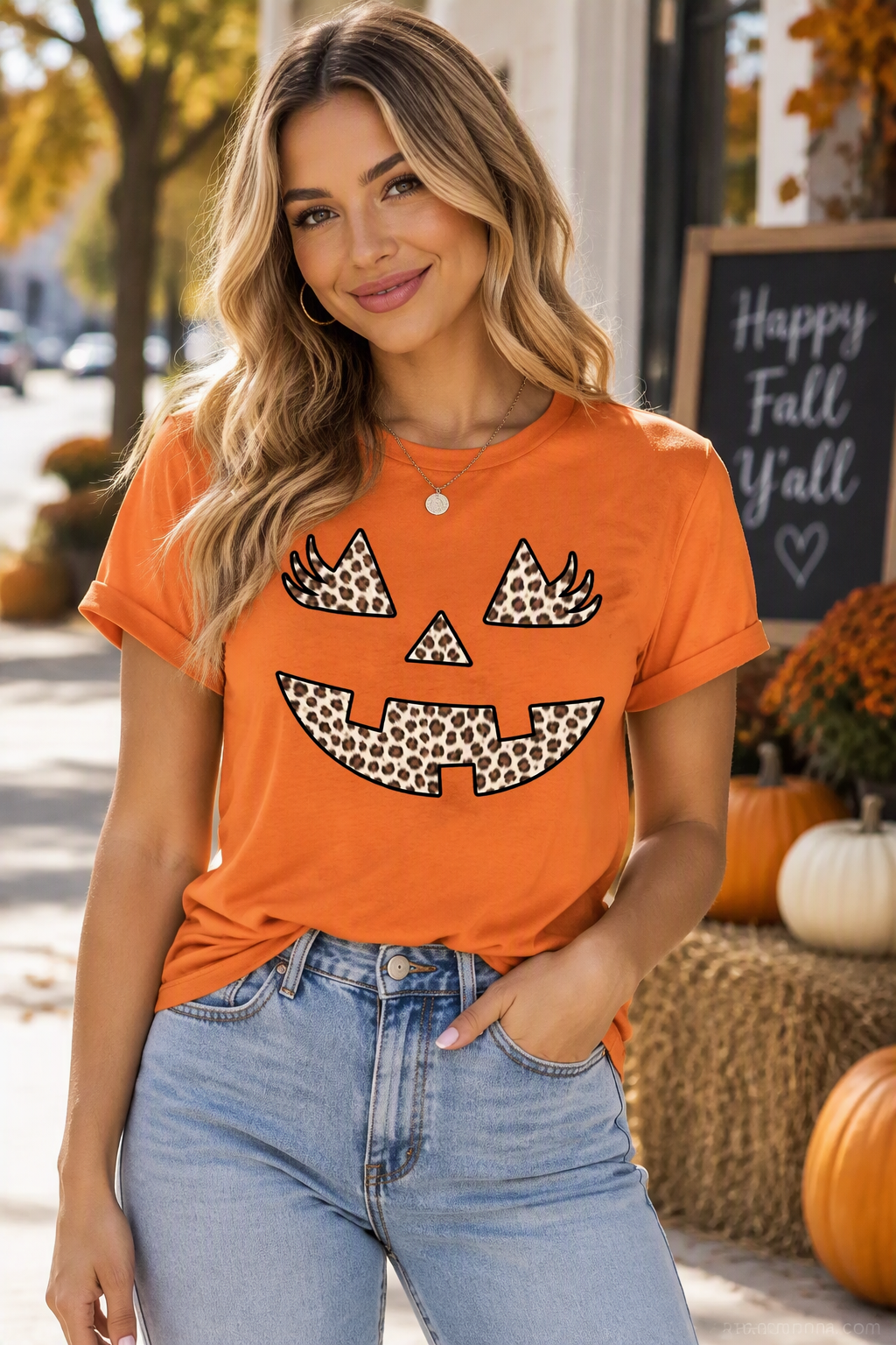 Woman wearing Halloween pumpkin leopard graphic T-shirt for fall
