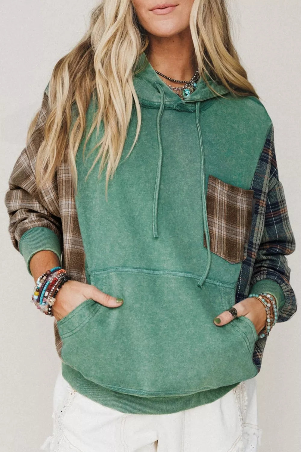 Women’s plaid kangaroo pocket hoodie for cozy everyday style
