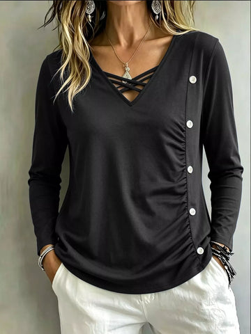 Plus size criss-cross long sleeve top with decorative buttons for women