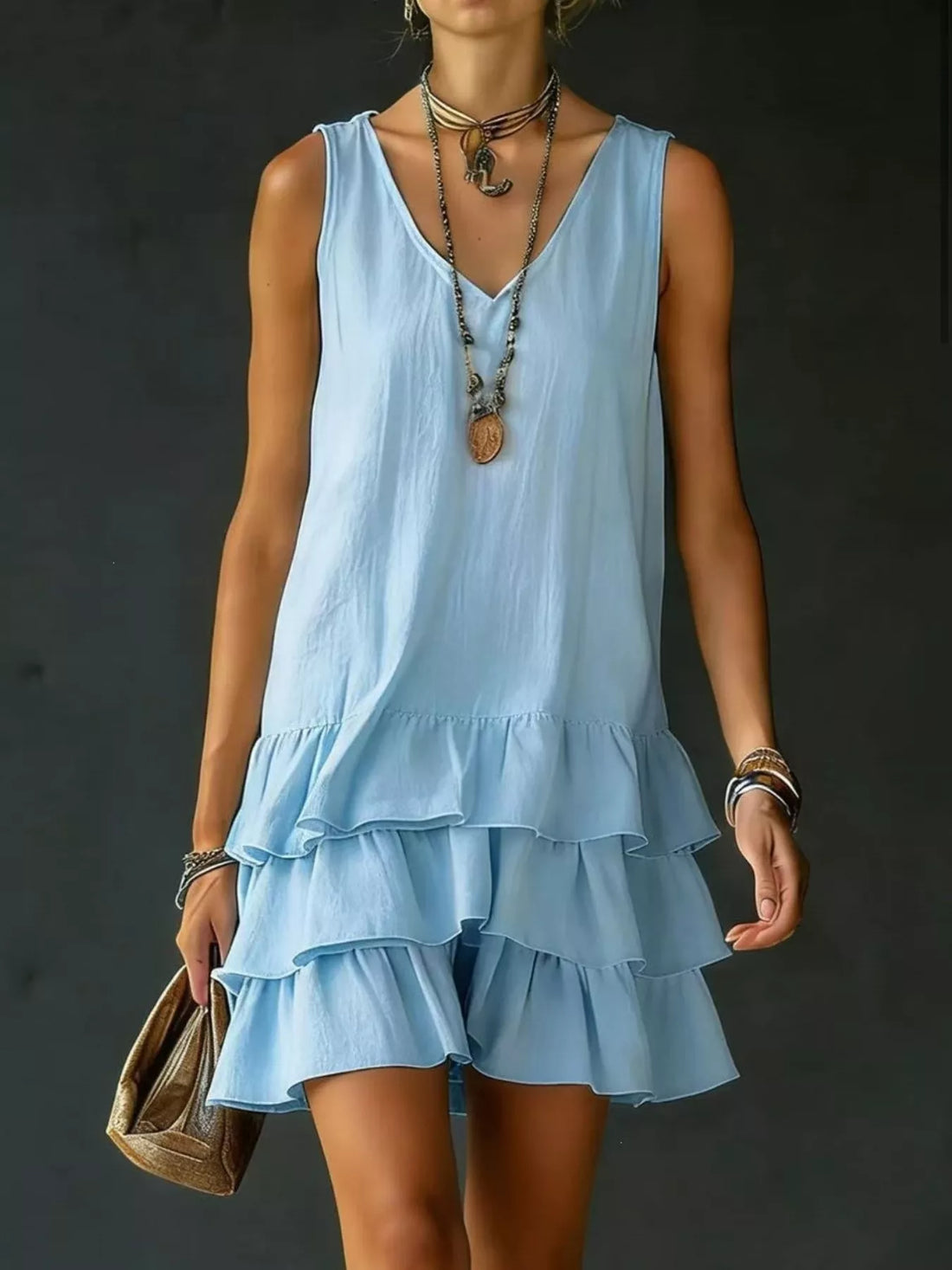 Plus size ruffled hem V-neck sleeveless dress for women