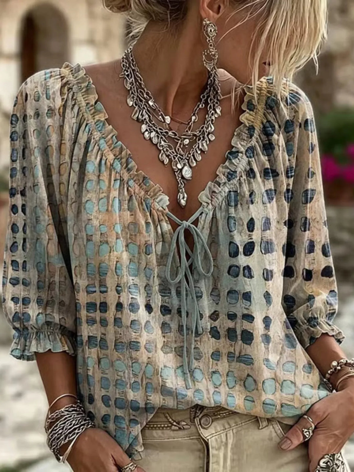 Plus size tie neck 3/4 sleeve blouse for polished everyday style
