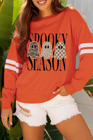 Spooky Season ghost graphic Halloween sweatshirt with varsity striped sleeves