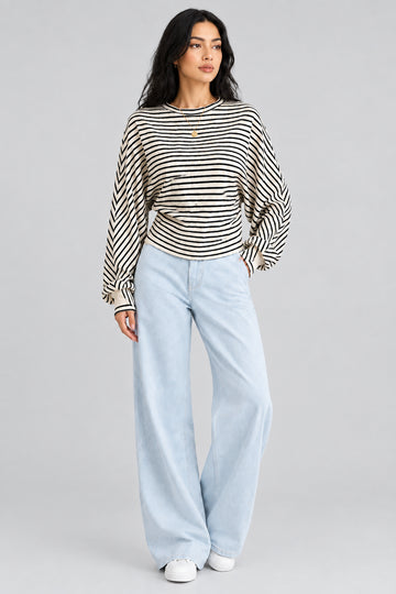 Women’s striped batwing sleeve T-shirt with crew neck